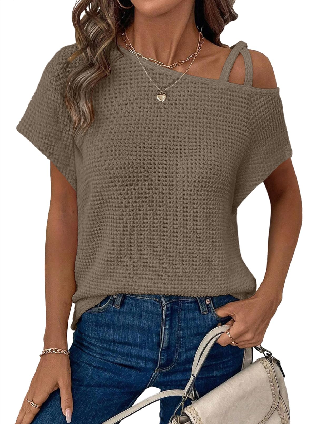 Women's Short-sleeved Solid Color Top Fashionable All-match Off-shoulder Knitted T-shirt