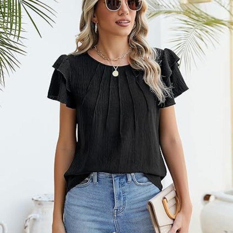 Summer Pleated Short Sleeve Round Neck Top Business Work Shirt