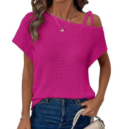 Women's Short-sleeved Solid Color Top Fashionable All-match Off-shoulder Knitted T-shirt